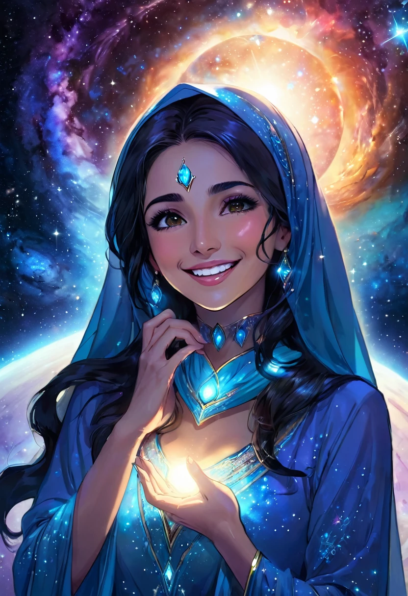 The center of the throat glows blue, a beautiful Arabian woman, she gently places her hand on her throat and smiles, healing power, the background is a galaxy
