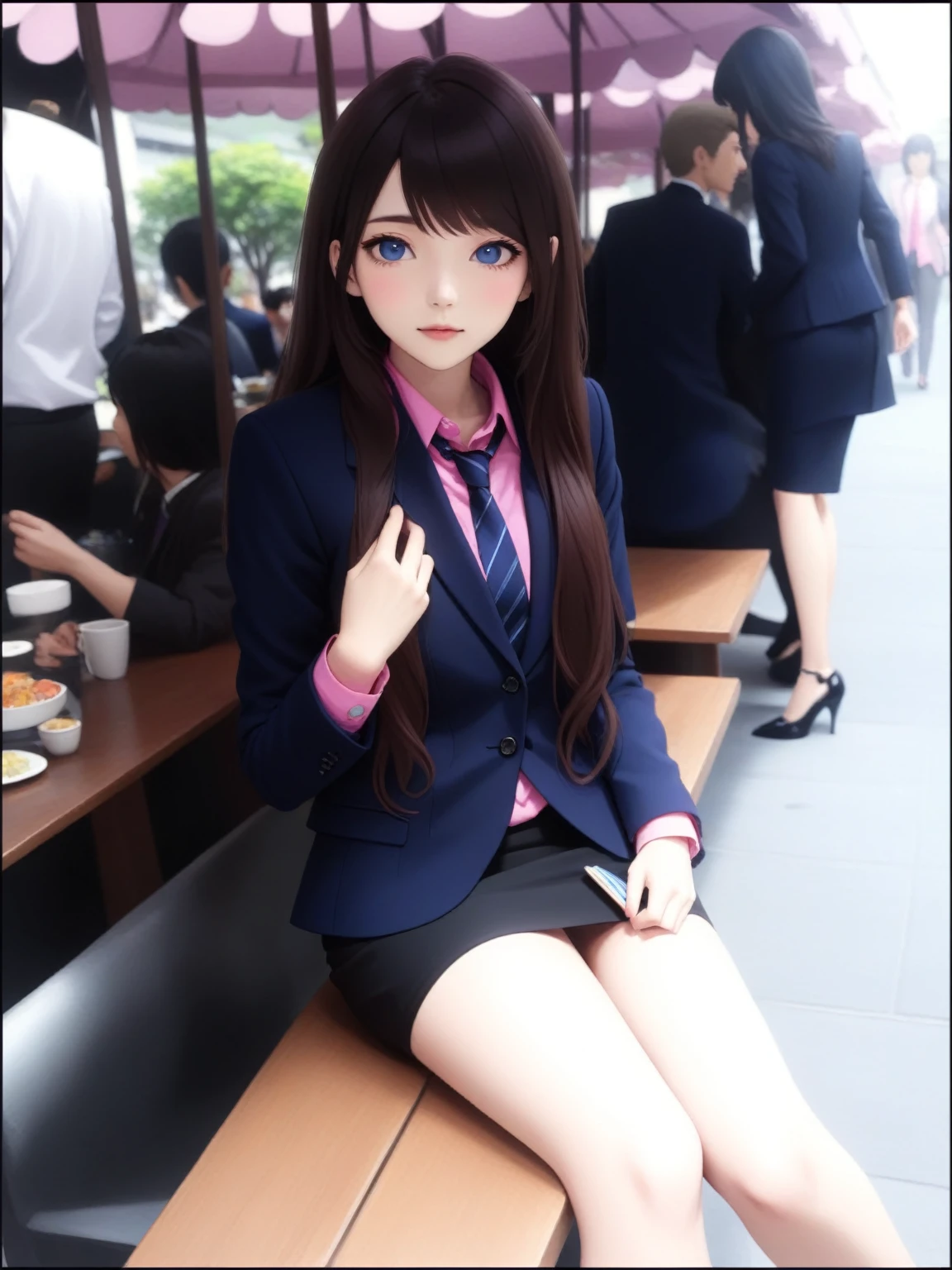 a pretty young woman sitting in a campus 's cafe, wearing navy-blue blazer, pink shirt with navy-blue tie, navy-blue pencil skirt, black heel cutshoes), BREAK, (navy-blue blazer, pink shirt with navy-blue tie, navy-blue pencil skirt, black heel cutshoes, realistic japanese anime style, vibrant colors, 8k, highly detailed, masterpiece