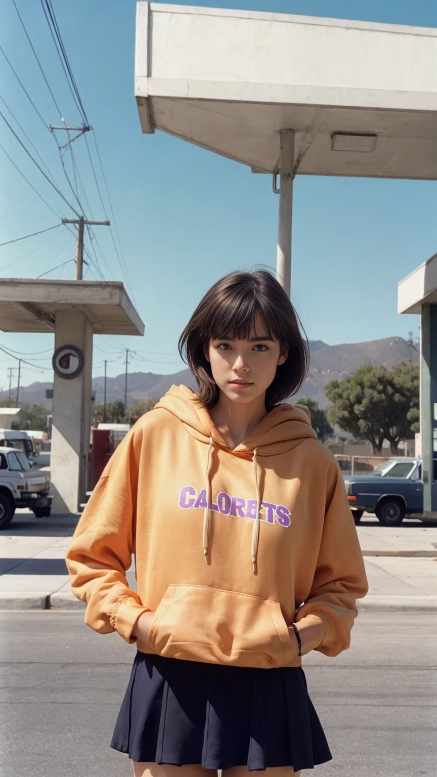 ultra detail, 8k portrait ((long shot full body photography)) ((best quality)), ((masterpiece)), (detailed), perfect beautiful face ,25 yo beautiful women ((orange color oversized_hoodie_e)) ((hoodie:1.5)), wear ((purple tennis skirt)), ((perfect natural breast)) perfect face, perfectly eyes, perfect lips, black bob hairstyles ,found footage, retro, 90's, old photo, photo noise, old photo, retro, masterpiece, raw photo, film photo, old, noisy photo, in front of the camera, casual photo, grain photo, in front of the camera, VHS footage, VHS look, chromatic aberration( low chromatic aberration), film footage, grainy photo, dirty photo, posing, retro photo, vintage photo, old, 90's, ((background at old 80's gas station California)),palm trees, blue sky, summer, los angles vibes, film by ((Wes Anderson style effect color)), 800mm lens,style of Philip Lorca diCorcia
