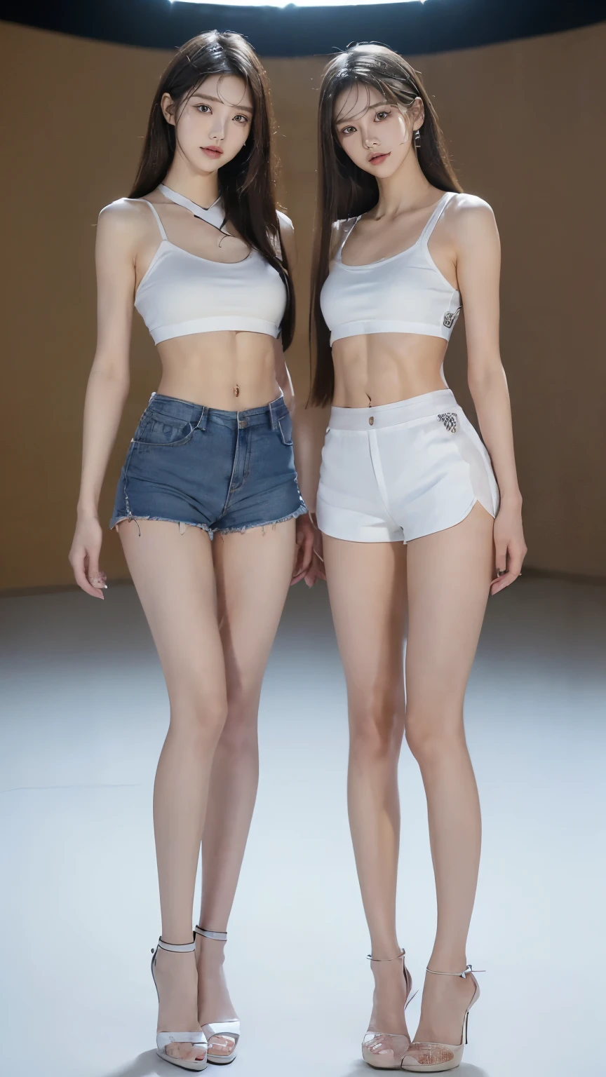 (8K、Raw photo、最high quality、masterpiece:1.5),(((((((Both of them stand with their legs apart:1.9))))))),(((((Both of them have an inseam that is more than half their height.:1.8))))),((Both have bare legs:1.6)),((Both of them are super slim:1.4))，(((((Two girls who look just like WONYOUNG from the k-pop group IVE were photographed:1.9))))),(((They both have super skinny legs:1.6))),(((Both are 173cm tall:1.4))),((Perfect k-pop IVE WONYOUNG style duo:1.4)),(((((Both of them take full body shots:1.8))))),((((Both of you should face your whole body straight ahead.:1.8)))),(((Photographed from below to show the whole body of the legs so that they look longer.:1.7))),Skin irregularities are reproduced in minute detail:1.4, (Super thin waist: 1.2),((超Thin thighs:1.3)), Thin buttocks,Open the navel,１Detailed reproduction of the navel,((Perfect super slim legs:1.3)),(((both of them are the same height:1.3))),(((Both of them have amazingly slim figures.:1.2))),(((Both are wearing micro shorts with a rise of 15cm and an inseam of 1cm.:1.8))),(Both are 16 years old:1.2),((((Both of them are extremely exposed.:1.7)))),(((((Both of them have super-strong abs:1.9))))),((Both of them were wearing short, form-fitting white sports bras.:1.4)),(((Big boobs but no bra:1.4))),(((Both of them had high, erect nipples clearly visible protruding from under their white sports bras.:1.4))),((((Standing in a fashionable theme park on a sunny day:1.4)))),Highly detailed face and skin texture,(Both of you stand with your legs straight and without bending your knees.:1.3),(((They&#39;re both the same height:1.4))),((Both of them look just like WONYOUNG from the K-pop idol IVE.:1.8)), ((((Sunny afternoon:1.3)))),((cute:1.4)),Both are fair-skinned Asians,,Both of them have beautiful eyes,,Both of them have beautiful eyes,,Both of them have beautiful noses, which are realistically reproduced.,Both of them have realistic eyes.,Both have beautiful mouths,((They both have beautiful fingers)),nail,Both of them have beautiful faces.,Both of their beautiful faces are realistically reproduced.,cute,(Ultra-Realistic Details), Natural Shadows,(Very small hips:1.4),Large firm breasts, Super long thighs,(((超Thin thighs:1.2))),(((Super slim calves))),(Both of them have the slender bodies of well-trained track and field athletes.:1.5),(Super muscular body:1.5),Super toned waist,(Super thin waist:1.3),((White high heels:1.2)),lengthen limbs,(((((Shooting the whole body from calf height:1.6))))),(Both of them have slim, toned ankles.:1.2),((((Wide open abdomen:1.5)))),Hands on hips,Both of them face forward,((Both figures have detailed and clear reproduction of the crotch area.)),((Super long legs:1.3)),Thin thighs,((Both of them have bare legs.:1.6)),((Both of them are showing off their legs in a very extreme way.:1.5),((Both of them are showing off their bellies in an extremely extreme way.:1.4),(Black hair ponytail),(Neither of them wears tights or socks.:1.5),((Both of them stand up straight.)),((Keep your hips facing forward:1.5)),2人とも8頭身スタイルBeauty,The ankles are super thin,The arms are very thin and muscular,Make your arms thinner,(((Clearly reproduces the skin texture of the legs down to the finest detail))),Faithfully reproducing the fingers of the hand,(Both of them have super long legs.),(Accurate reproduction of each finger:1.3),(((Each toe is accurately reproduced:1.2))),The middle of the thighs are very thin,(((Clearly reproduces the muscle texture of ultra-muscular and ultra-thin calf skin))),(((超筋肉質な超Thin thighsの肌の筋肉質感を明確に再現する))),(Very tight waist:1.2),((Both of them have an inseam that is more than half their height.の美脚:1.6)),(Extremely thin thighs:1.3),Beauty,Fine skin,Firm skin,(((Both of them should fit from the top of their heads to the toes of their heels.:1.5))),(((They both have super skinny legsの肌を細部まで忠実に再現する))),(Both of them are super muscular and have super thin legs with realistic skin.:1.3),((Realistically reproduces the fine details of toned, slender leg skin:1.3)),((Dazzling Midsummer)),(((Both of them have super-strong quadriceps:1.6))),(((Both of them have extremely well-trained gastrocnemius and soleus muscles.:1.6))),((2人とも超細くてSuper long legs:1.2)),Front lighting,Super detailed, High detail, high quality, Awards,High resolution,(Anatomically correct:1.5)