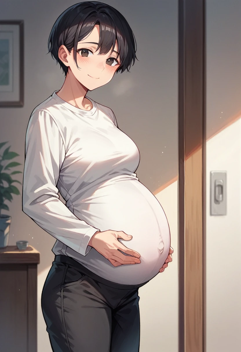 score_9, score_8_up, score_7_up, score_6_up, solo, straight hair, short hair, black hair, black eyes, white shirt, long sleeves, black pants, pregnant, indoors, standing, looking at viewer, blush, smile