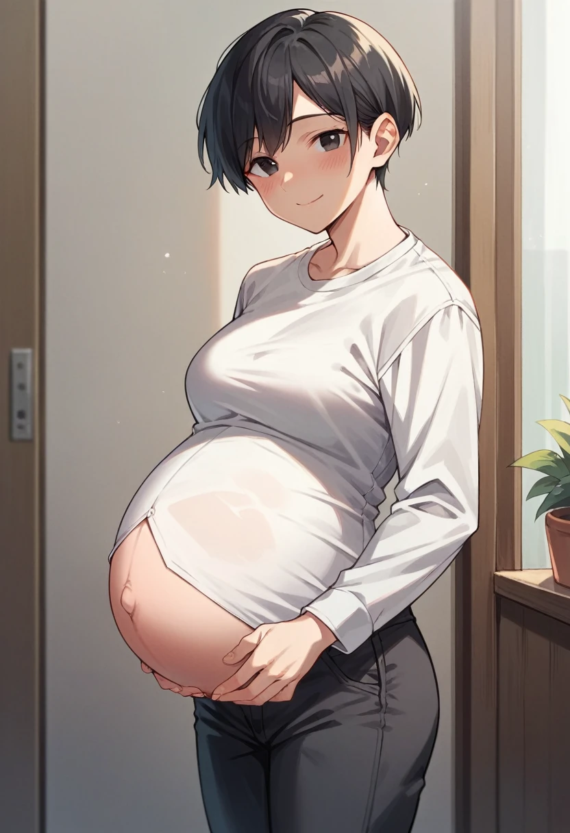 score_9, score_8_up, score_7_up, score_6_up, solo, straight hair, short hair, black hair, black eyes, white shirt, long sleeves, black pants, pregnant, indoors, standing, looking at viewer, blush, smile