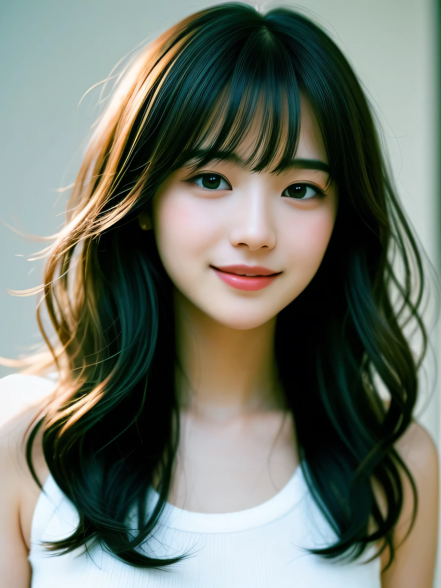 (Photo Real:1.4), (hyper realisitic:1.4), (Smooth lighting:1.05), 1 girl, so embarrassed that I instinctively turned face away, open your mouth to say something, Close-up of the face, Soft lighting, Back lighting, (cheerfulness:1.2), (Finest Real Textured Skins), Narrow-eyed, Super fine face, glowy skin, retinas, Anatomically correct, acurate, (Wavy medium Hair:1.1), bangs, Textured skin, High quality, high details, Best Quality, High resolution, indoor,