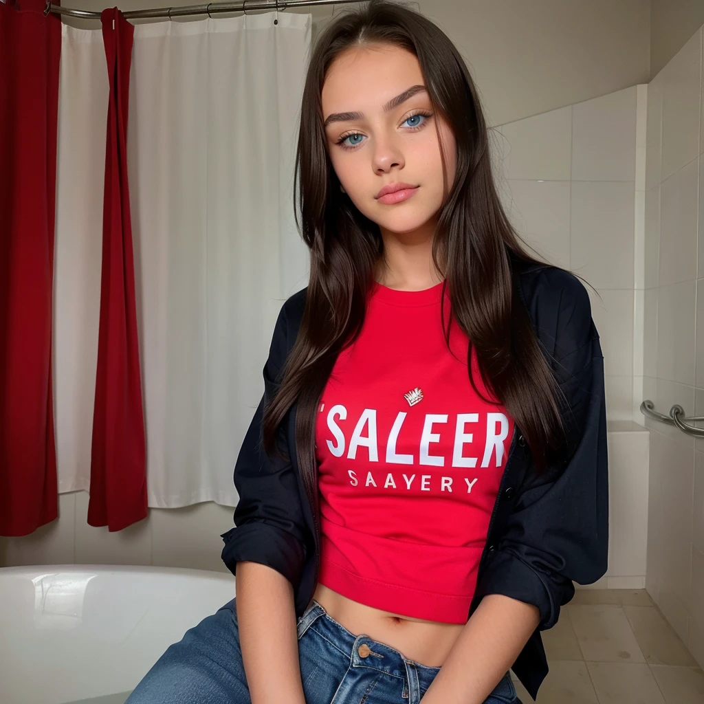 a beautiful 14 year old Russian teenage Ukrainian girl with blue eyes , taking a selfie with face of young girl with perfect body big eyes , wide fleshy lips thin upturned nose, with a fine face like a barbie , normal somewhat large voluminous breasts ,very long and very straight black hair, wearing dark jeans and a big button shirt , 14 years old, very tender face , Blue-eyed teenage girl posing very sexy wearing a strawberry red t-shirt and casual night clothes in the bathroom ,straight hair. a very attractive teenage girl sexually naked, posing from Ukraine beautiful girl 14 year old girl cute beautiful masterpiece red clothes strawberry masterpiece