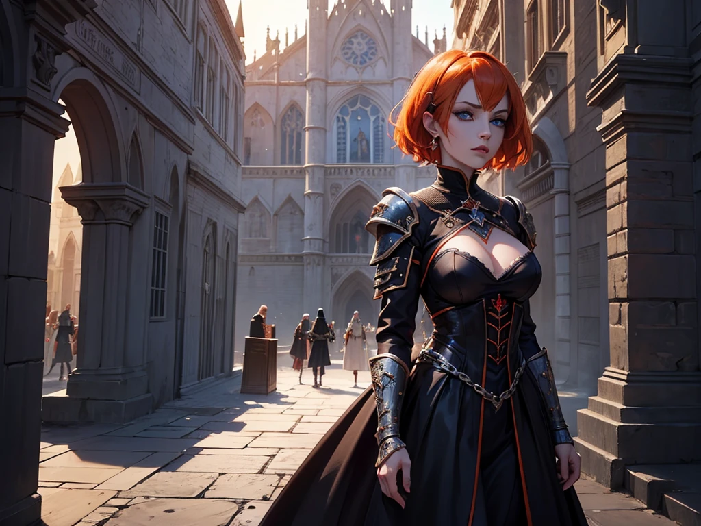 A beautiful and wonderful vampire woman, extremely detailed, short orange hair, wearing extremely detailed gothic armor, blue eyes in medieval public square, palace, crepúsculo, 8k, linda, sacerdotisa, crepúsculo, entardecer, vampira.
