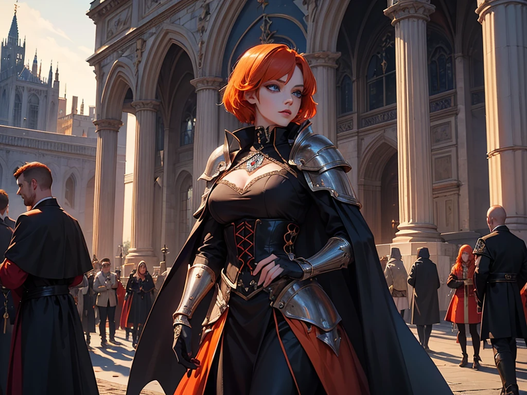 A beautiful and wonderful vampire woman, extremely detailed, short orange hair, wearing extremely detailed gothic armor, blue eyes in medieval public square, palace, crepúsculo, 8k, linda, sacerdotisa, crepúsculo, entardecer, vampira.