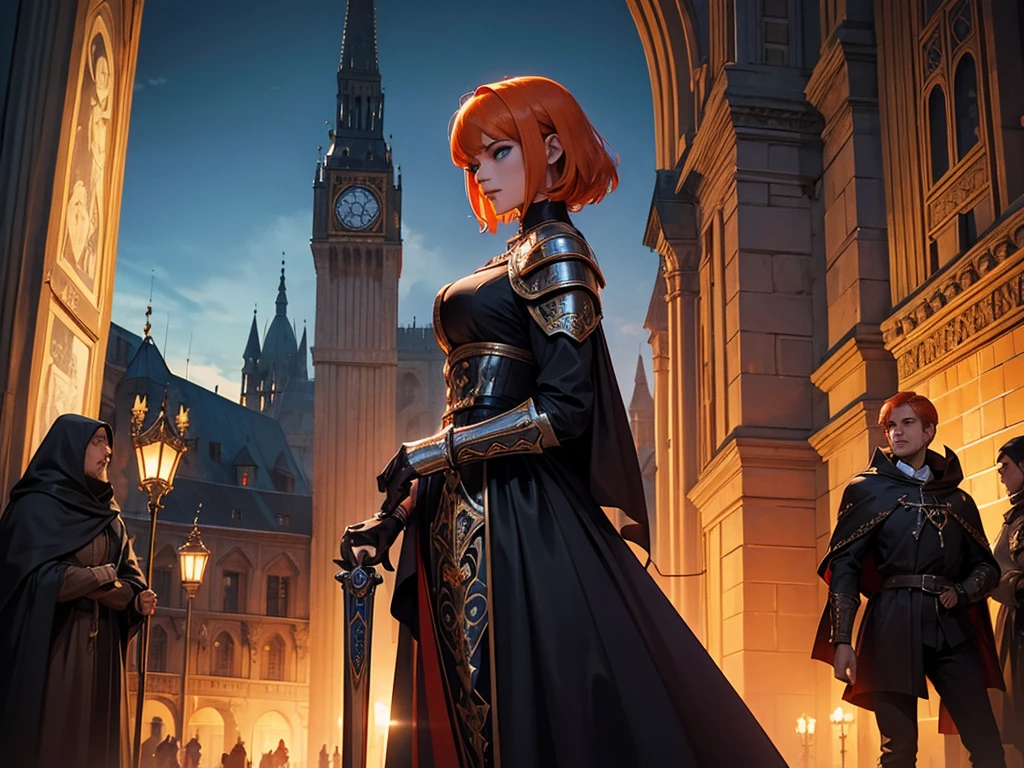 A beautiful and wonderful vampire woman, extremely detailed, short orange hair, wearing extremely detailed gothic armor, blue eyes in medieval public square, palace, crepúsculo, 8k, linda, sacerdotisa, crepúsculo, entardecer, vampira.
