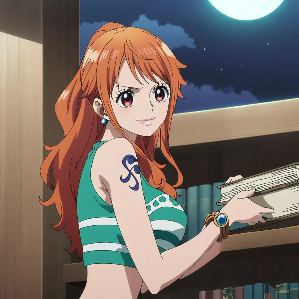 1girl, female nami, anime screencap from one piece, nami female version, solo, long_hair, Red eyes ((Red_hair, swept bangs)), night view, (hanging breasts) upper_body, smile, indoors, book, red_eyes, lips, (high ponytail) ((wearing crop top)) breast, "very detailed and high resolution" (Red eyes) ((long hair)) ((solo)) (front view) (earings) ((high resolution)) ((good quality)) ((swept bangs)) ((full body))