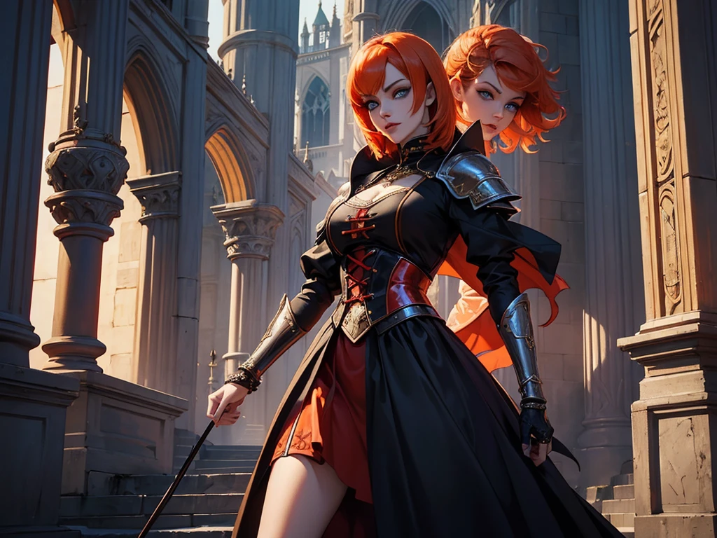 A beautiful and wonderful vampire woman, extremely detailed, short orange hair, wearing extremely detailed gothic armor, blue eyes in medieval public square, palace, crepúsculo, 8k, linda, sacerdotisa, crepúsculo, entardecer, vampira.