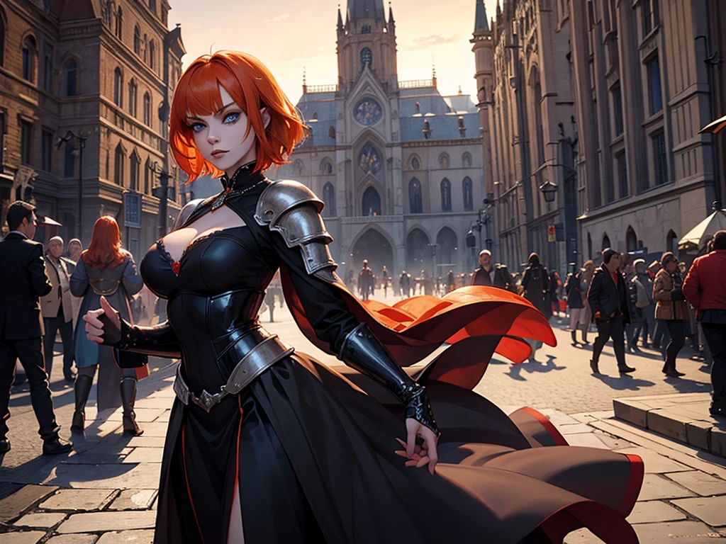 A beautiful and wonderful vampire woman, extremely detailed, short orange hair, wearing extremely detailed gothic armor, blue eyes in medieval public square, palace, crepúsculo, 8k, linda, sacerdotisa, crepúsculo, entardecer, vampira.