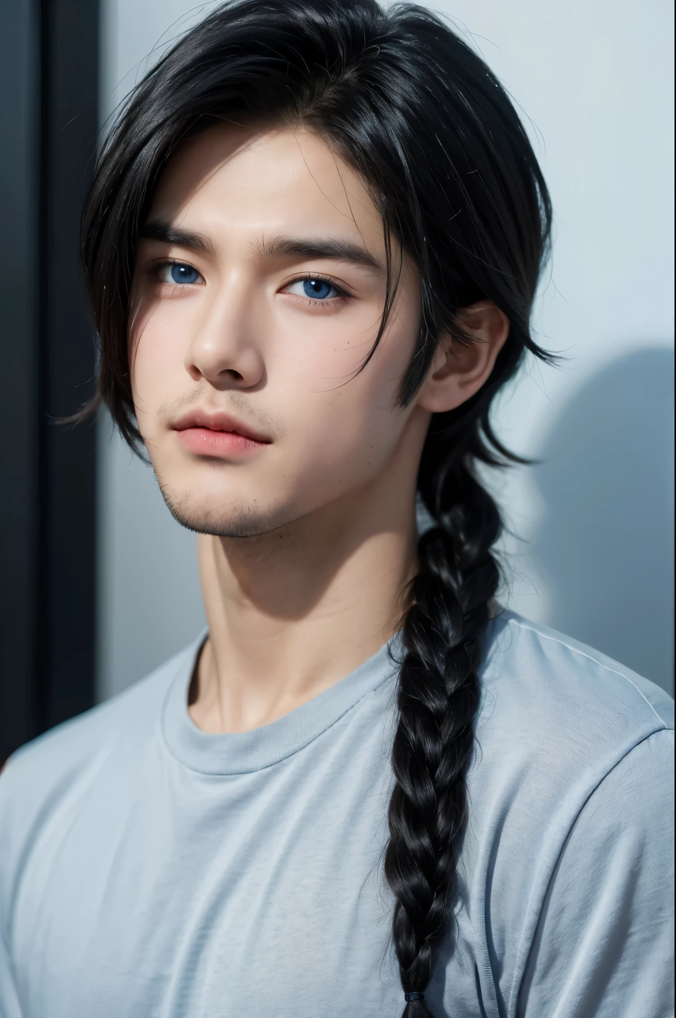 A boy in a , black hair and blue eyes very cute but also very handsome