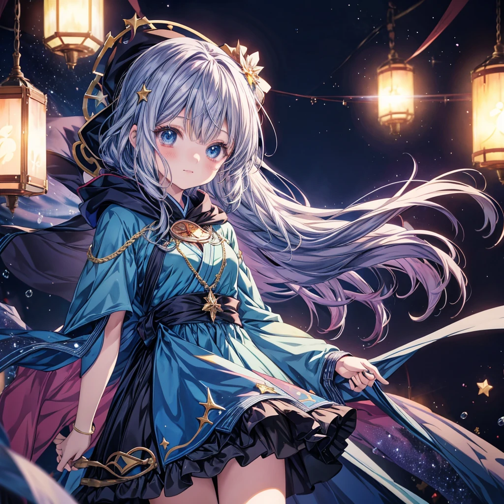 Anime girl in a blue dress with stars in the background, Anime Moe Art Style, Official Artwork, I also make fan art, From desire, Official Art, Akasuki Void Star, Hololive, Anime cloak, [[[[smile wickedly]]]], 8K!!, Oriental Project, Splash art anime