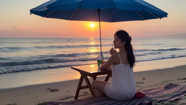 sunset,Full body photo of a woman sitting on the beach, Umbrella on head、Enjoying drinks at the table, Relax while watching the ocean waves