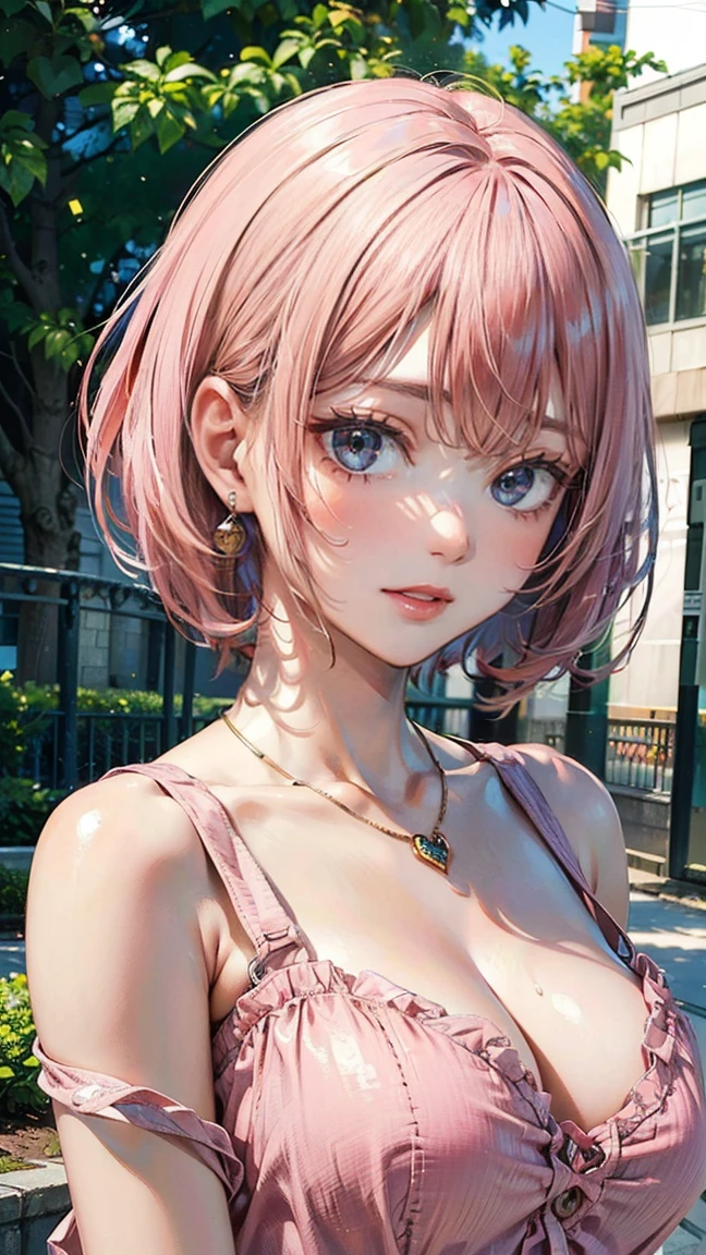 (Masterpiece, BestQuality:1.3), (ultra detailed:1.2), (hyperrealistic:1.3), (RAW photo:1.2), High detail RAW color photo, professional photograph, (Photorealistic:1.4), (realistic:1.4), professional lighting, perfect anatomy, (Big Breasts:1.2), (blush, detailed face), (cheerful Smile:1.5), (Pink Hair:1.5), Trending Hair&Trending Hairカラーをランダムに, earrings, necklace, bracelet, sexly, erotic sexly, Random sexy gravure poses, (Woman in casual dress、The background is a park、A refreshing smile、Bobcut、Dress strap pulling pose: 1.3)