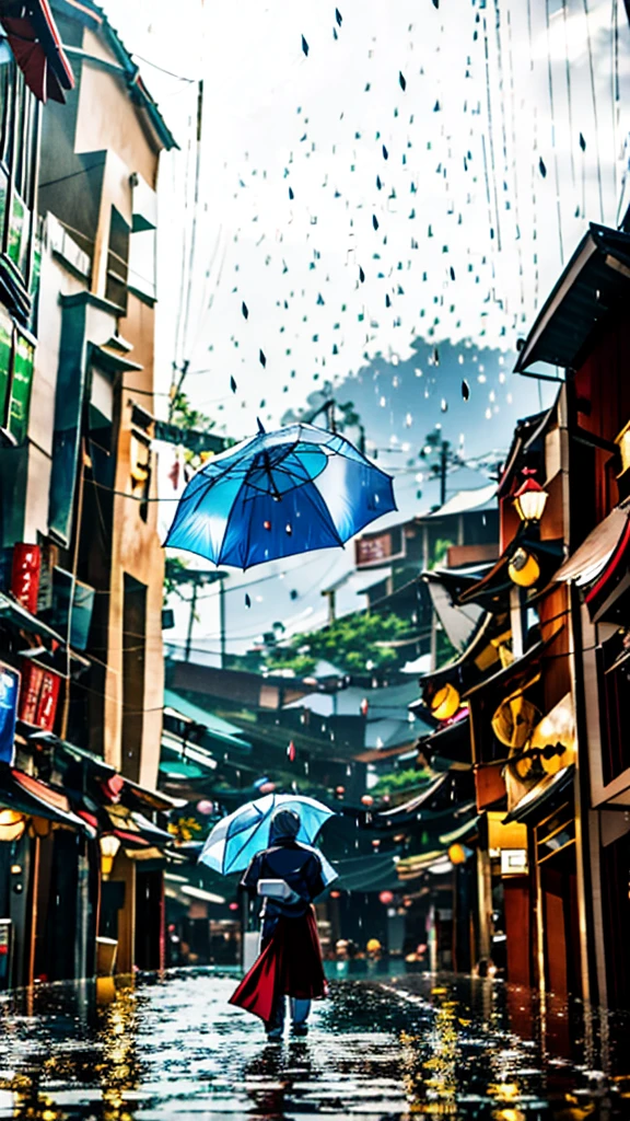 AN ANIME CHARACTER NAMED GOJO SATORU IS 21 YEARS OLD. WITH WHITE HAIR AND ROUND GLASS, STANDING UNDER FALLING RAIN WATER WHILE HOLDING AN UMBRELLA