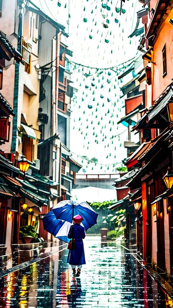 AN ANIME CHARACTER NAMED GOJO SATORU IS 21 YEARS OLD. WITH WHITE HAIR AND ROUND GLASS, STANDING UNDER FALLING RAIN WATER WHILE HOLDING AN UMBRELLA