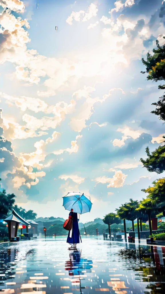 AN ANIME CHARACTER NAMED GOJO SATORU IS 21 YEARS OLD. WITH WHITE HAIR AND ROUND GLASS, STANDING UNDER FALLING RAIN WATER WHILE HOLDING AN UMBRELLA
