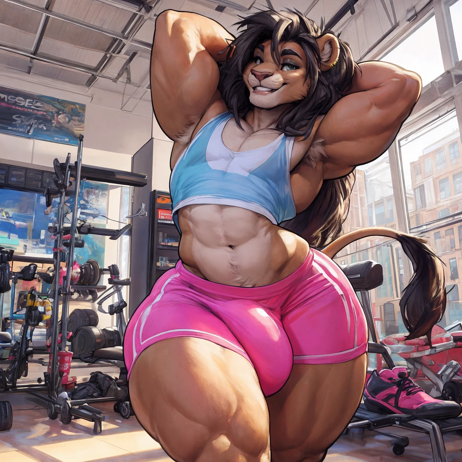 (by darkgem, by boosterpang, by duase, by BNG), solo focus, 1boy, male, lion boy, cute, girly, femboy, twink, short boy, looking at viewer, smiling, happy, large muscular body, (hyper hips:1.3), (huge bulge), bulgeJ8, long hair, detailed eyes, lust, masterpiece, best quality, lycra shorts, white tank top, pink sneakers, standing upright, photorealistic, hyperrealistic, ultradetailed, detailed background, photo background, digital drawing (artwork), girly, bedroom eyes, (aerobics class), indoors, looking at viewer, stretching, hands behind head, (tail),