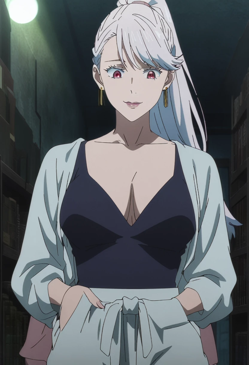 1girl, female gojo satoru, anime screencap from jujutsu kaisen, gojo satoru female version, solo, long_hair, Red eyes ((White_hair, swept bangs)), night view, (hanging breasts) upper_body, smile, indoors, book, red_eyes, lips, (high ponytail) ((wearing casual outfit)) breast, "very detailed and high resolution" (Red eyes) ((long hair)) ((solo)) (front view) (earings) ((high resolution)) ((good quality)) ((swept bangs)) ((full body)) ((she is looking down)) cleavage 