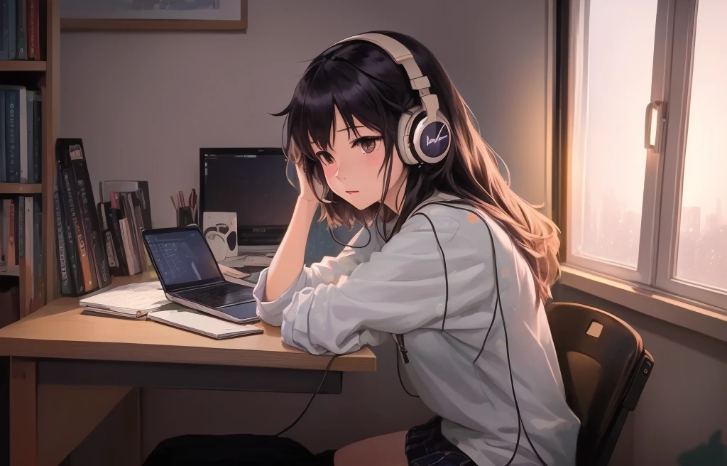 Anime girl wearing headphones and sitting at a desk with a laptop, Lofi Artstyle, Lo-fi Girl, Portrait of Rofi, ; Visual novel, everyone, Visual novel, Lofi Art, Anime Style. 8K, Makoto Shinkai&#39;s art style, Visual novel cg, Lo-fi feeling, Makoto Shinkai style, In the style of Makoto Shinkai