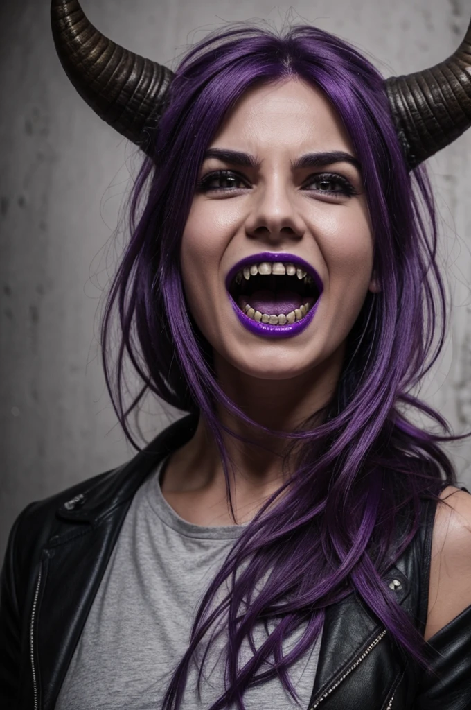 A face with horns, messy purple hair, with sharp teeth and opening the mouth with a split jaw