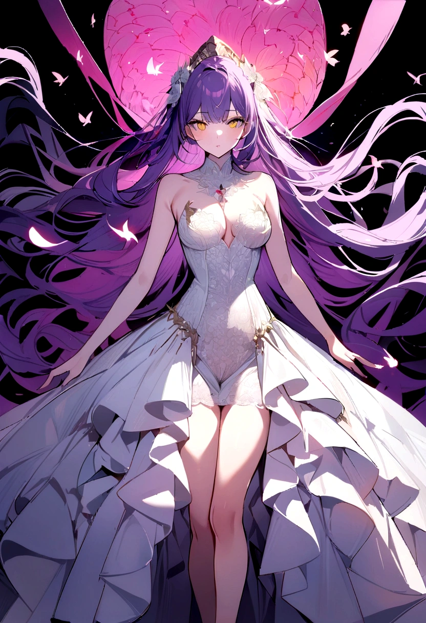 ((Highest quality)), ((masterpiece)), (detailed), One girl, sexy-,A woman standing proudly,Neon color,protocol,pure white wedding dress, Gold and silver lace dress,The world view is a fallen angel,Women's Hair,curl,Wave, Yellow Eyes,Red and pink background,Black background,Colorful feathers, 8K,delicate,Carefully crafted lace,Purple Hair,Fine skin,Pink Lips,Surrounded by gentle flowers,