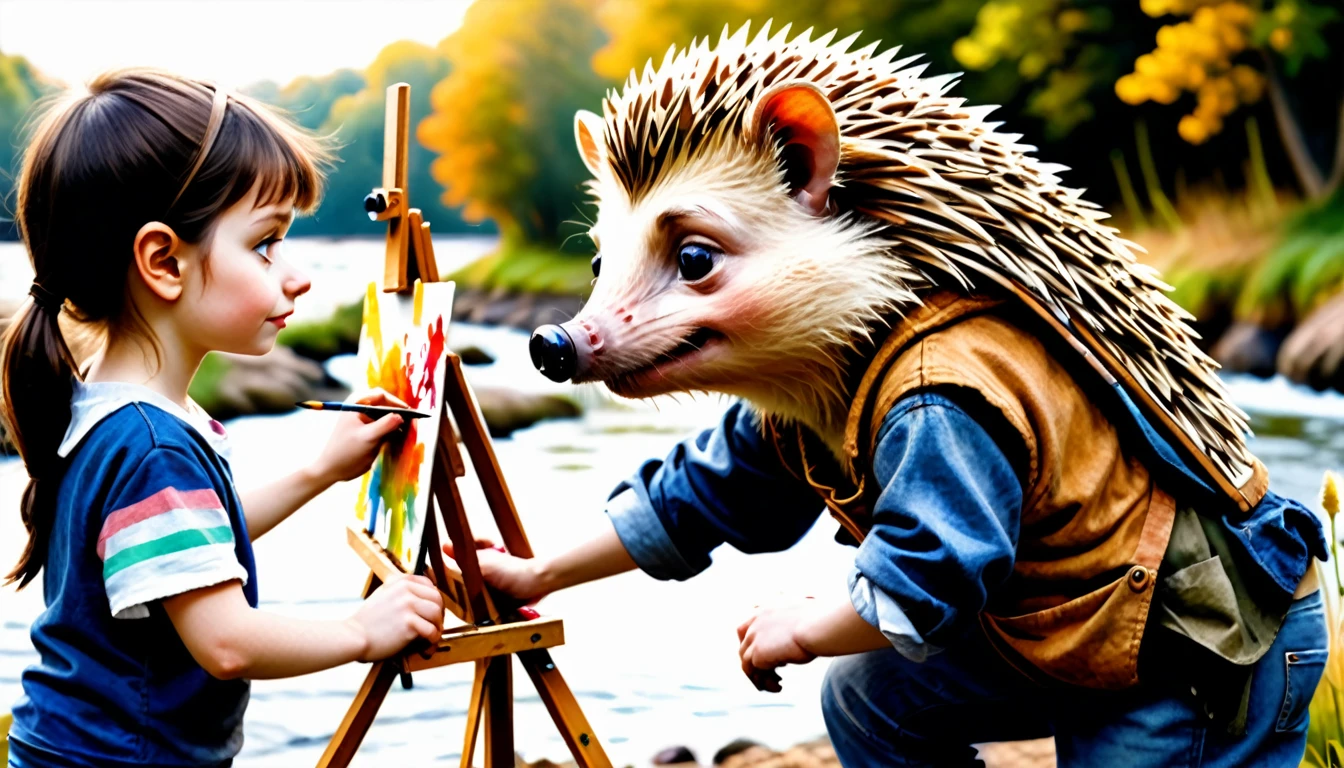 (photography style), anthropomorphic,
cute hedgehog, in casual clothing, painted by the river, setting up an easel and canvas, using paints, and focusing intently on the artwork,
2D, colorful, warm atmosphere, glossy, Jean-Baptiste Monge style, Alan Lee style