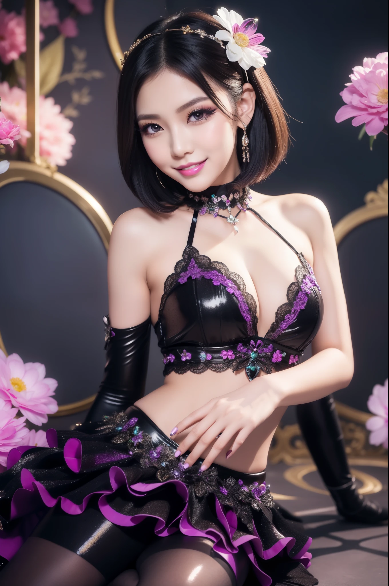 sexy Thai model who controls poison、smiling face、lipgloss、long lashes、gothic makeup、look at the camera、full body Esbian、、sparkling poisoned flower costume、、、、sparkling Colorful short hair、secrete poison、skull hair accessories、ultra detailed tights、shiny sparkling flowers background