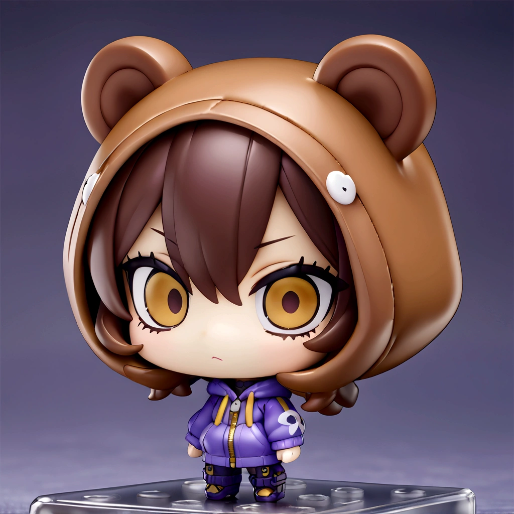 Brown Hair、Wearing a bear hood、Wearing a bear ear hoodie、Chibi Character、Nendoroid、Brown Hairロングヘアー、(masterpiece, best quality:1.2), An illustration、purple backdrop、Chibi Character、solo、Brown Hairのロングヘアー