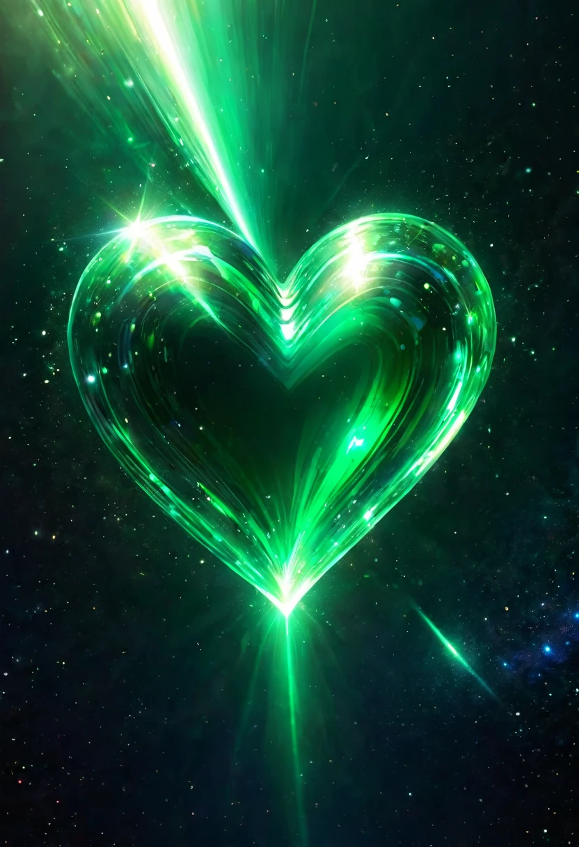 Shining emerald green heart, intense light, perfect lighting, outer space
