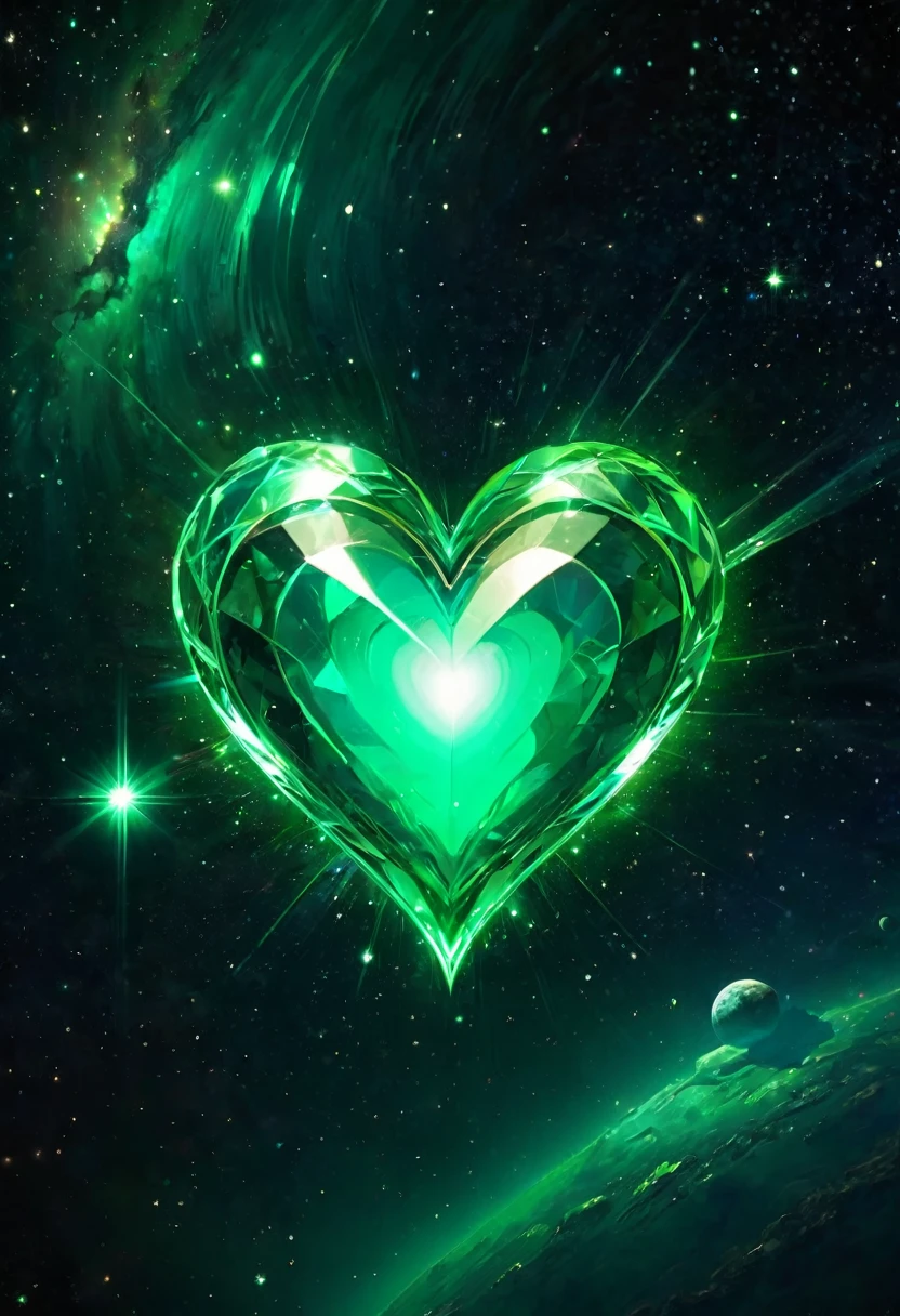 Shining emerald green heart, intense light, perfect lighting, outer space