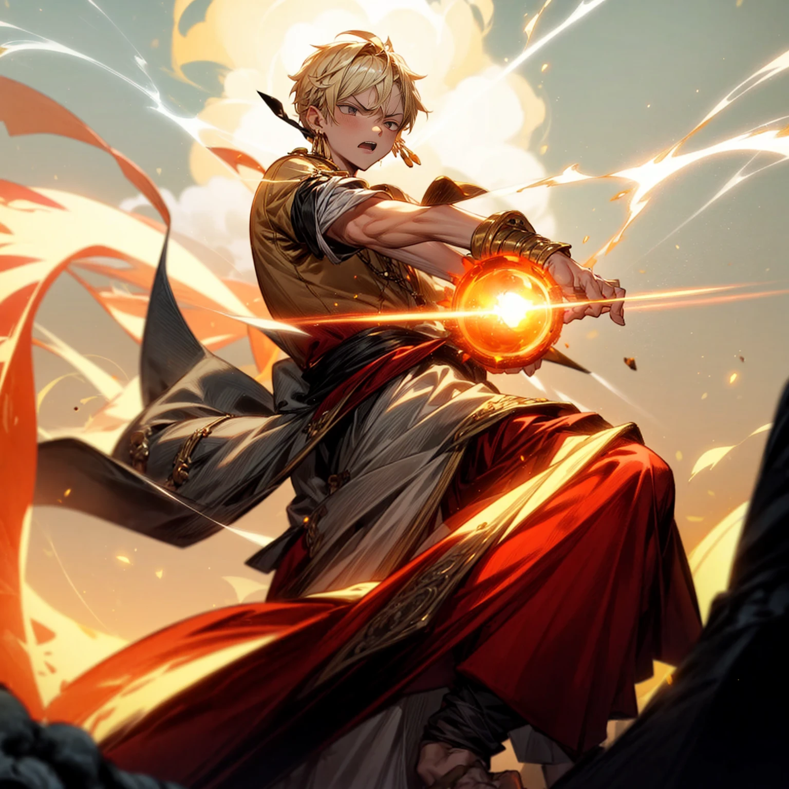 1boy, Full body version, 1character, gray eyes color, angry eyes, eyeliner, reddish white skin, classic taper haircut, downturned eyes type, blonde colour hair, Ancient greek  nobility clothing style, darkgreen color clothing, necklaces, bandage on hand, Grassroots background in castle, motion blur, battle gesture, battle background in castle, golden fireball in hand, golden fireball, golden fireball light glare, damage, fire, smoke, fire silhouette light