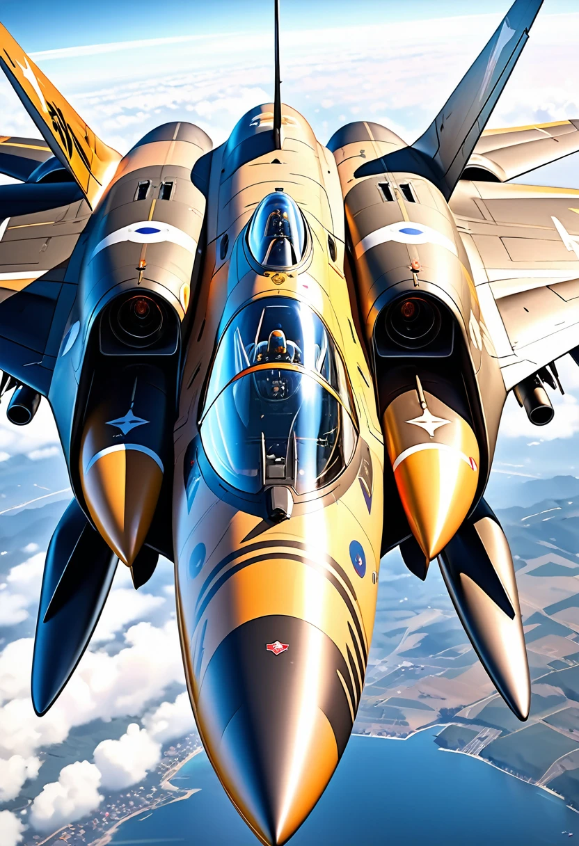 Ultra-high definition 3D CG concept art.A stylish semi-fighter jet flying dynamically through the sky,The fighter planes are painted in splitter camouflage with white and blue as the main colors.The four stylish wings emit a transparent blue light.The cockpit is a single-seater with a transparent canopy.Equipped with swing wings, it has a futuristic form without a tail or vertical stabilizer.They fly dynamically in formation across the sky.The stylish depiction of the semi-fighter jet, the shine of the aircraft, the realism of the mechanisms visible in each part, the beauty and realistic texture of the splitter camouflage,Realistic, ultra-realistic, (Ultra-high image quality, ultra-high definition,Masterpiece, best quality, 16k: 1.5)Ultra detail, ultra fine painting, super fine view,