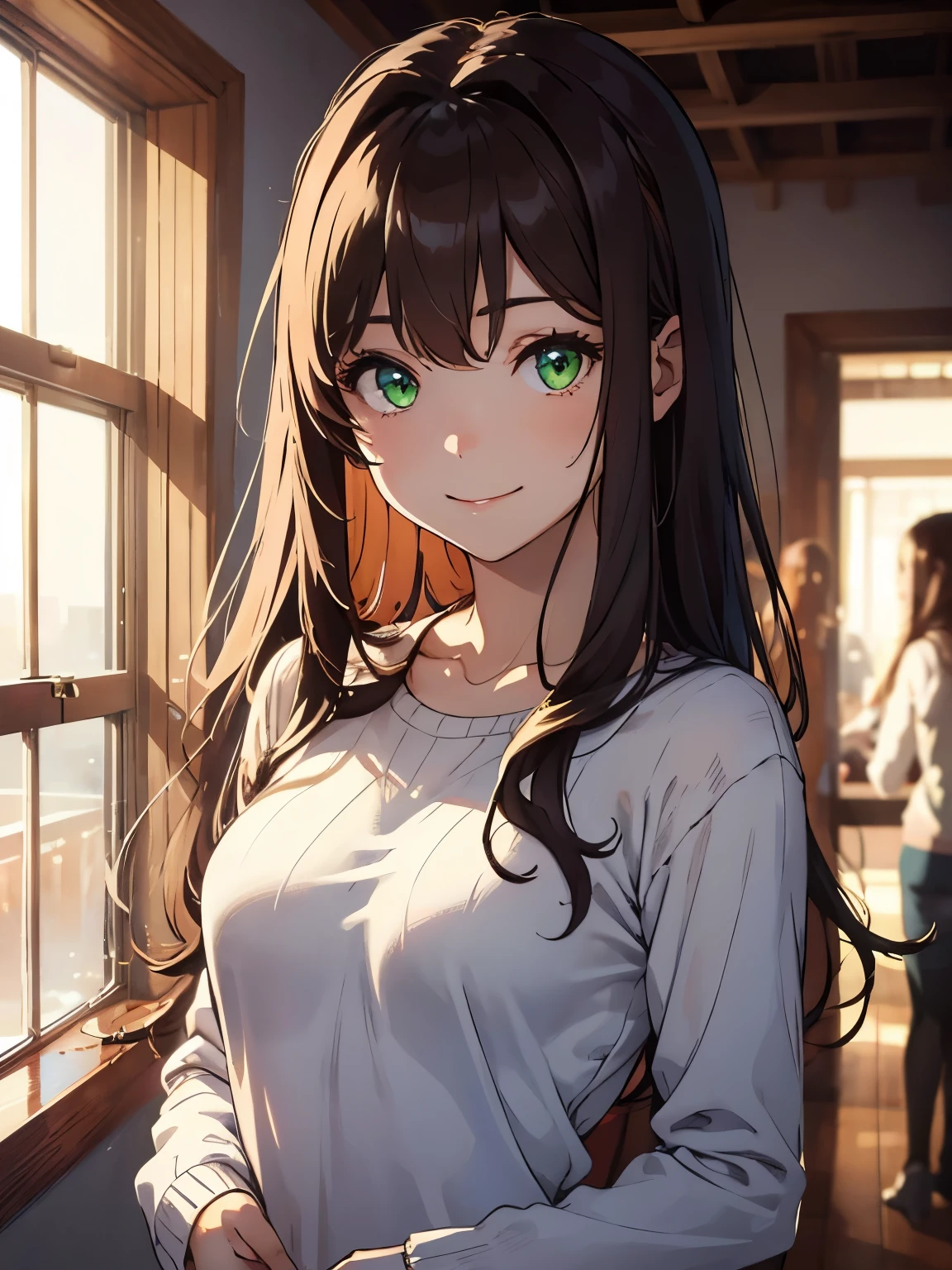 A stunning high-resolution portrait masterpiece,Depicts a girl with long beautiful and delicate hair, Shiny brown hair and stunning green eyes, Wear a cozy sweater,Show a bright smile,Highlighting her small but perfect breasts.
