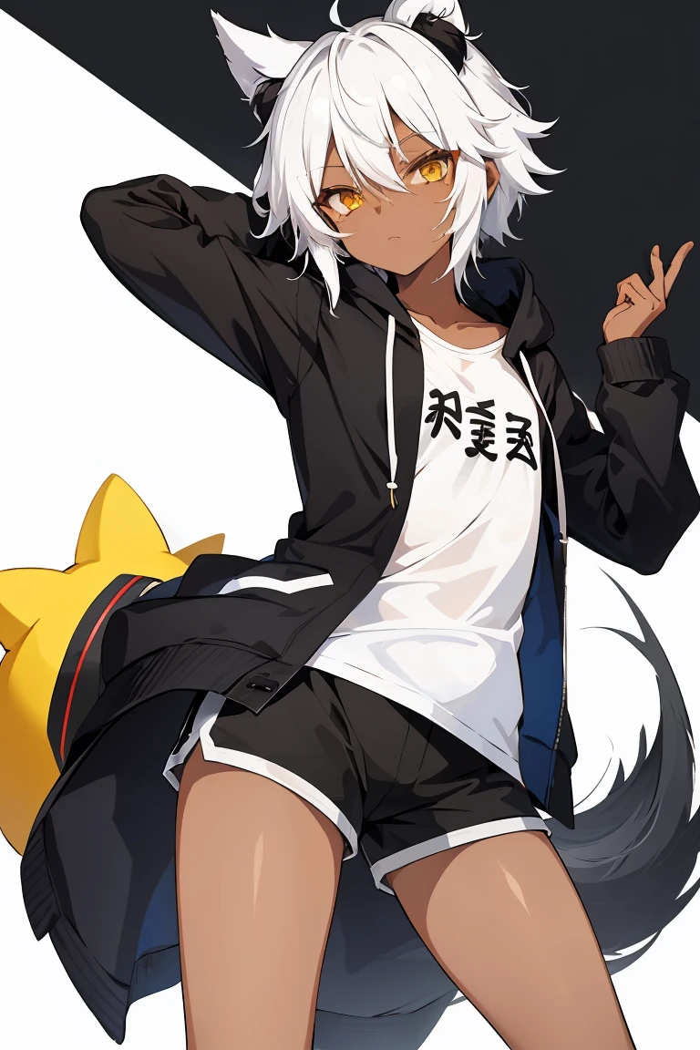 tsunako, 1girl, tomboy, ushanka, pixie cut, dark skin female, flat chest, shirt, hoodie, shorts, white hair, yellow eyes