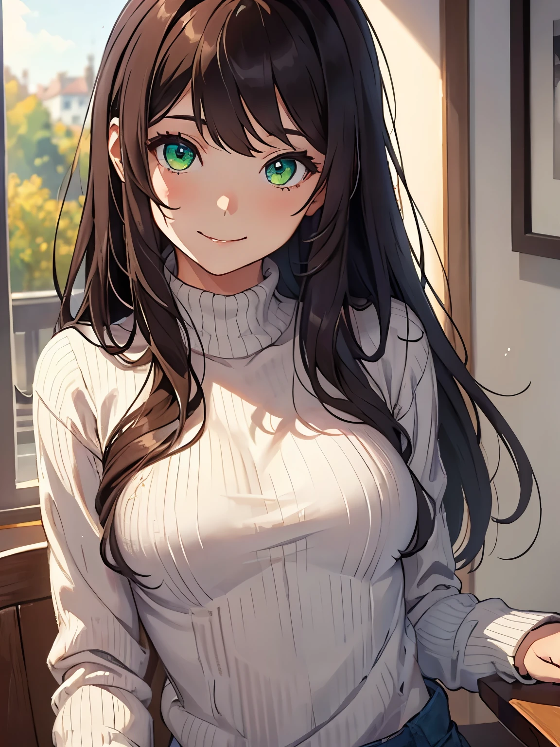 A stunning high-resolution portrait masterpiece,Depicts a girl with long beautiful and delicate hair, Shiny brown hair and stunning green eyes, Wear a cozy sweater,Show a bright smile,Highlighting her small but perfect breasts.