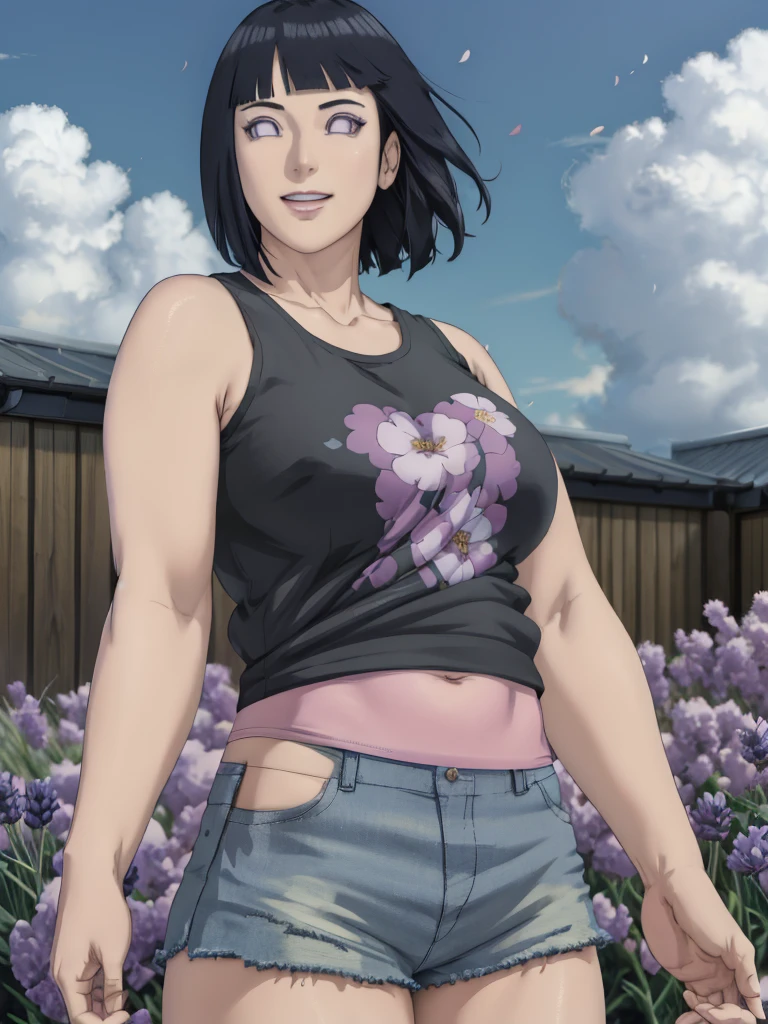 masterpiece, absurdres , (intricate details), (colorful),cinematic lighting,extremely detailed CG unity 8k wallpaper ,hinata\(boruto\), 1milf, mature soft expressions, short-hair, ((black tank-top),(denim hotpants)), (sleeveless), huge breasts,bracelet,wedding ring, cowboy shot, looking back, looking at viewer,smile, red lips, outdoors, lavender flower field,flower, day, cloudy sky, wind, floating hair, falling petals, anime screencap,BREAK, surrounded by black guys, 