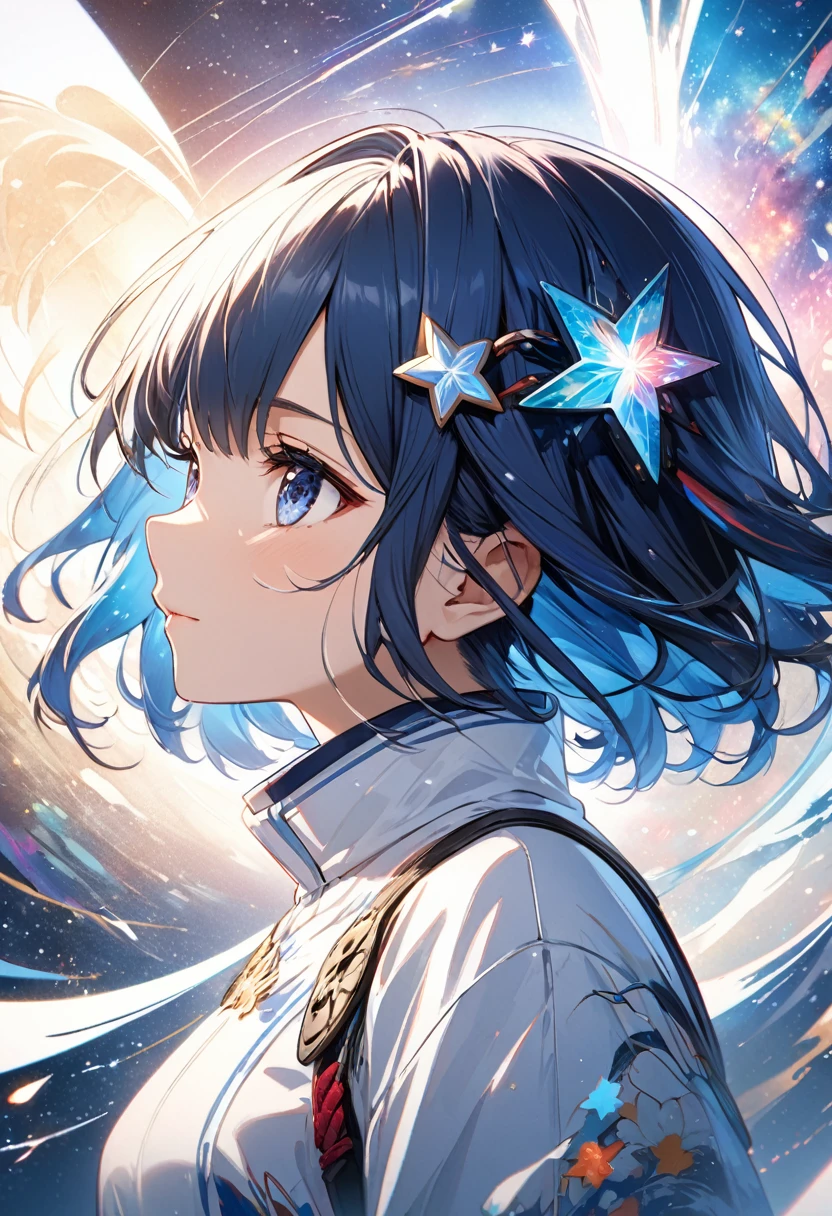Acrylic painting of a Japanese girl, 星の子, in the star lights, in the space, blending techniques with elements reminiscent of Genshin Impact, showcased with a medley of palette knife and brush strokes, trending on Pixiv Fanbox, high-key palette, soft yet defined. A detailed and intricate illustration of a person with short blue hair adorned, in profile view, wearing a white outfit with a high collar, Masterpiece, Best Quality, flat, Manga Scan, Anime, cinematic lighting, drawn Art, by Studio Trigger, clip studio paint, Anime Wallpaper, Deep Color, Cel-Shaded