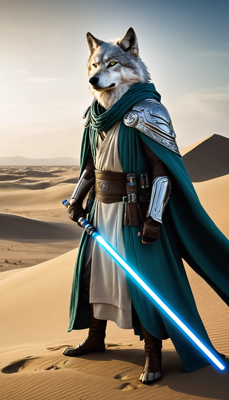 A captivating white wolf-human hybrid Jedi Knight, a unique and powerful being that has embraced the ways of the Force. Standing tall with a lean yet muscular physique, the hybrid's body is covered in a blend of fur and flesh, the fur a striking shade of silver-blue that reflects the light  Hooth, giving off an ethereal glow. The wolfish features are prominent, with piercing yellow eyes, pointed ears, and a long snout that extends into a strong jawline. The creature's arms are adorned with intricate tattoos that swirl and pulse with the energy of the Force, hinting at a deep connection to the ancient Jedi order. A flowing cape of the same fur color as its body drapes over broad shoulders, adorned with the insignia of the Jedi knights. In one hand, the hybrid wields a lightsaber, its blade a mesmerizing mix of blue and green, the colors of both the Jedi and the wolf's spirit animal. The lightsaber's hilt is an elegant fusion of organic and mechanical elements, wrapped in leather and bone, symbolizing the dual nature of the wielder. The background is a desolate landscape, with sand dunes stretching into the horizon, suggesting a journey filled with challenges and self-discovery. The stance of the wolf-Jedi is firm, yet graceful, as if poised to leap into battle or mediate peace between warring factions. The overall composition is suffused with a serene aura, the soft light of the setting suns casting long shadows and highlighting the fur's texture, creating a scene that is as awe-inspiring as it is mysterious, leaving the viewer to wonder about the epic tales that this extraordinary creature must hold within its soul., sci-fi