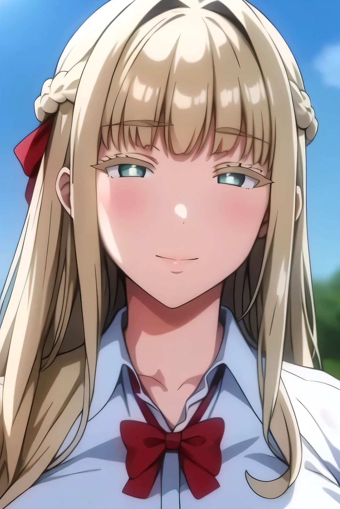 Simple White Background,
school_uniform,White collared shirt, pleated skirt, red_bowtie,
Hair hair ribbon, 
blonde hair ,green eyes,bangs,Long_hair,braided bun,braid, 
1 girl, 20yo,Young female,Beautiful Finger,Beautiful long legs,Beautiful body,
Beautiful Nose,Beautiful character design, perfect eyes, perfect face,expressive eyes,perfect balance,
looking at viewer,(Focus on her face),closed mouth, (innocent_big_eyes:1.0),(Light_Smile:0.3),
official art,extremely detailed CG unity 8k wallpaper, perfect lighting,Colorful, Bright_Front_face_Lighting,White skin,
(masterpiece:1.0),(best_quality:1.0), ultra high res,4K,ultra-detailed,
photography, 8K, HDR, highres, absurdres:1.2, Kodak portra 400, film grain, blurry background, bokeh:1.2, lens flare, (vibrant_color:1.2),professional photograph,
(Beautiful,large_Breasts:1.4), (beautiful_face:1.5),(narrow_waist),