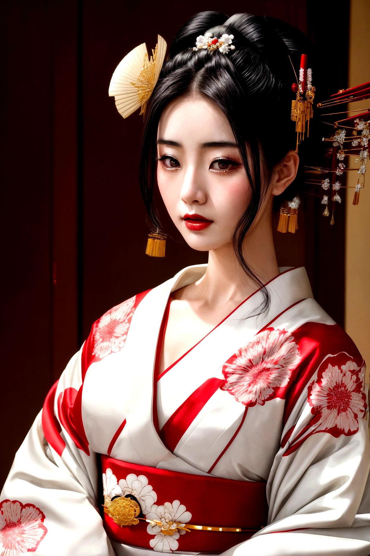 A gorgeously decorated geisha,She is a very elegant and beautiful 25-year-old woman..,Her Shimada hairstyle is beautifully displayed.,Red and white traditional kimono