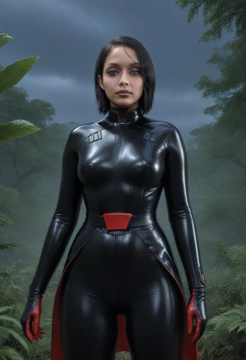 zPDXL, source_anime, BREAK Trilla, helmet with red translucent visor, , armor,black gloves,tight bodysuit,,black pants, BREAK close-up, solo, standing, front view, medium breasts, , wide hips, BREAK x3dce, 3d, jungle background, dense vegetation, rain, night, night sky,
