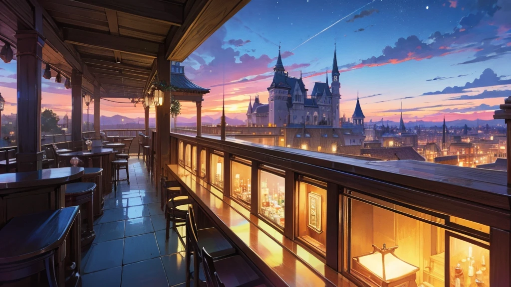 Anime Style,Nostalgic,Detailed background,Magical World,A lively bar with lots of people,Beautiful sky,Bard&#39;s Smiling Beauty,guitar,Large Breasts,Healthy thighs