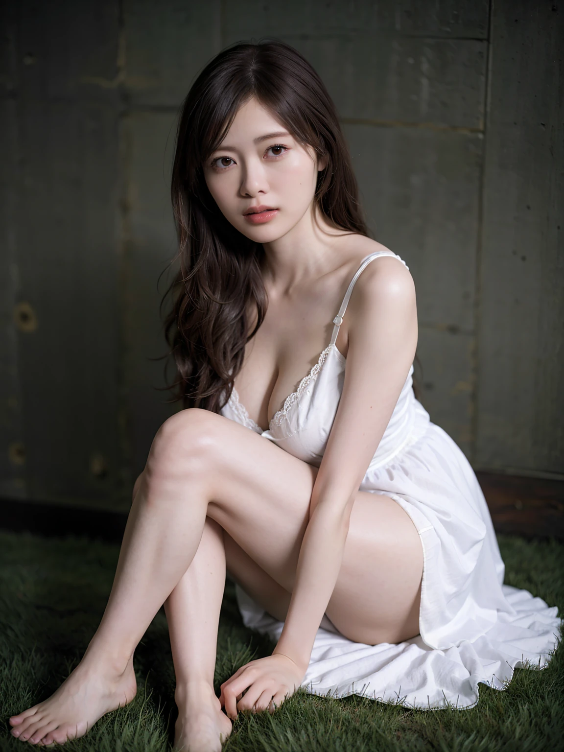 RAW photo, bokeh (realism: 1.4, realistic), high detail CG unified 8K wallpaper, 1girl, (HQ skin: 1.4), 8k uhd, dslr, front lighting, high quality, Fujifilm XT3, 21 years old female with long hair wearing micro bra and micro skirt,((slim body, natural big breast)),(height:163cm)), (looking at viewer), ((ultra detailed room background))), ((full body:1.5)), hands on knees, ((a sexy girl sitting on a grass and crossed legs)).