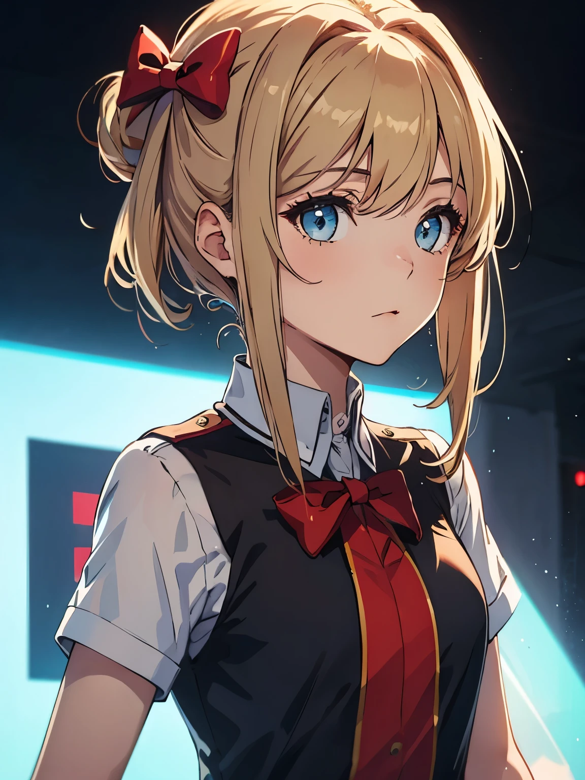 (Extremely refined: 1.2), 1 Girl, Fashion Girl, Bangs, beautiful eyes, bow, Brown hair, Shut up, sideways, Hair between the eyes, hair bow, Short sleeve, Looking at the audience, Medium Length Hair, Solitary, Upper Body, Uniforms: 1.3, ((Solitary)), (masterpiece), Blonde