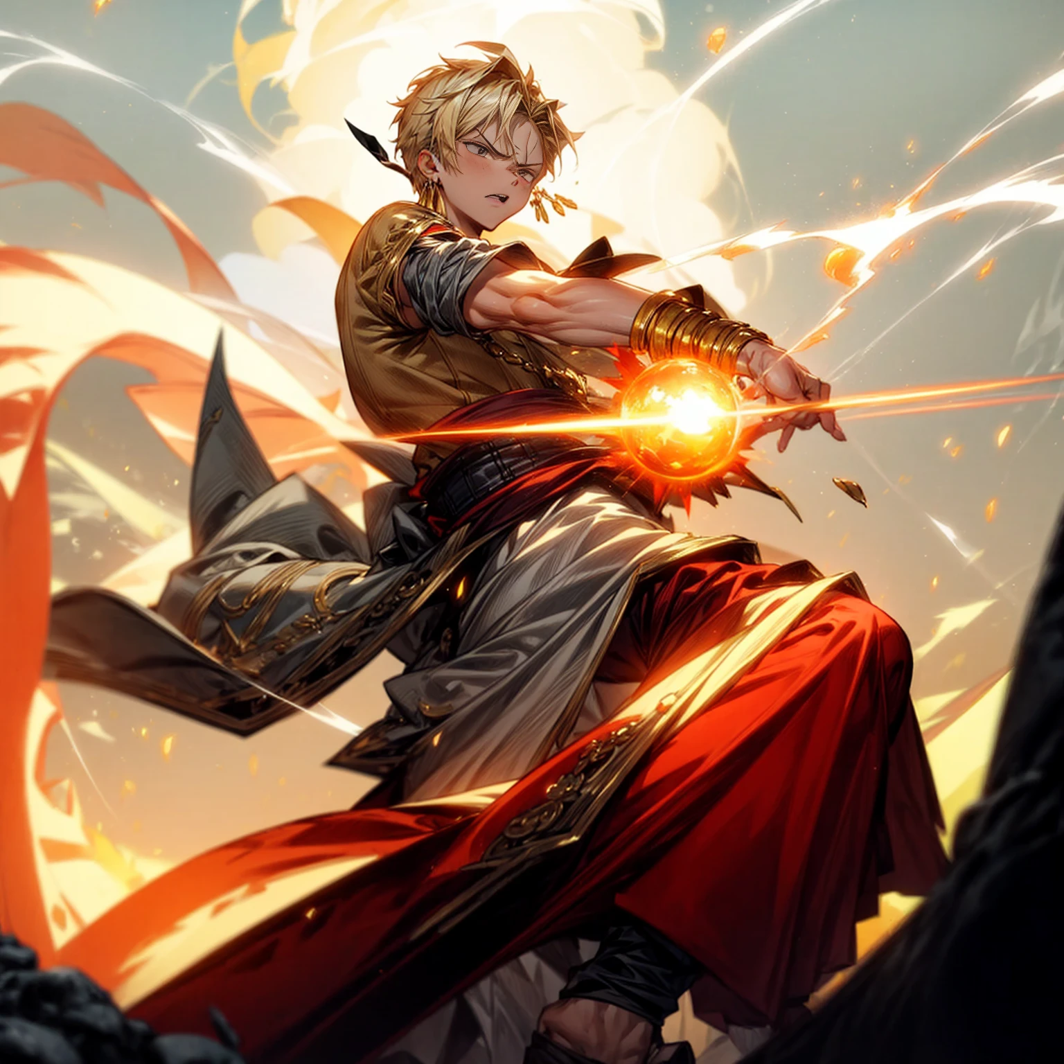 1boy, Full body version, 1character, gray eyes color, angry eyes, eyeliner, reddish white skin, classic taper haircut, downturned eyes type, blonde colour hair, Ancient greek  nobility clothing style, darkgreen color clothing, necklaces, bandage on hand, Grassroots background in castle, motion blur, battle gesture, battle background in castle, golden fireball in hand, golden fireball, golden fireball light glare, damage, fire, smoke, fire silhouette light