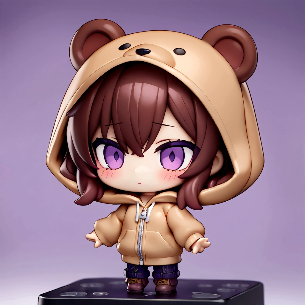 Brown Hair、Wearing a bear hood、Wearing a bear ear hoodie、Chibi Character、Nendoroid、Brown Hairロングヘアー、(masterpiece, best quality:1.2), Purple Eyes、purple backdrop、Wearing a brown bear hoodie
