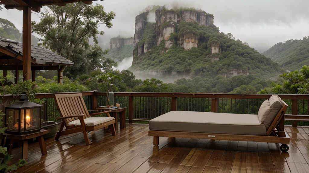 a bed and a wooden deck, adorned with a comfortable couch, chairs and coffee table, projects out over a verdant valley. Rain falls softly in the distance, shrouding towering cliffs in mist. Warm lighting creates a cozy atmosphere despite the wet weather.