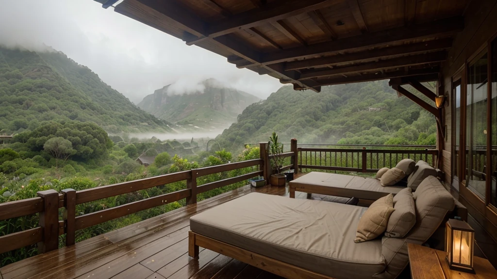 a bed and a wooden deck, adorned with a comfortable couch, chairs and coffee table, projects out over a verdant valley. Rain falls softly in the distance, shrouding towering cliffs in mist. Warm lighting creates a cozy atmosphere despite the wet weather.