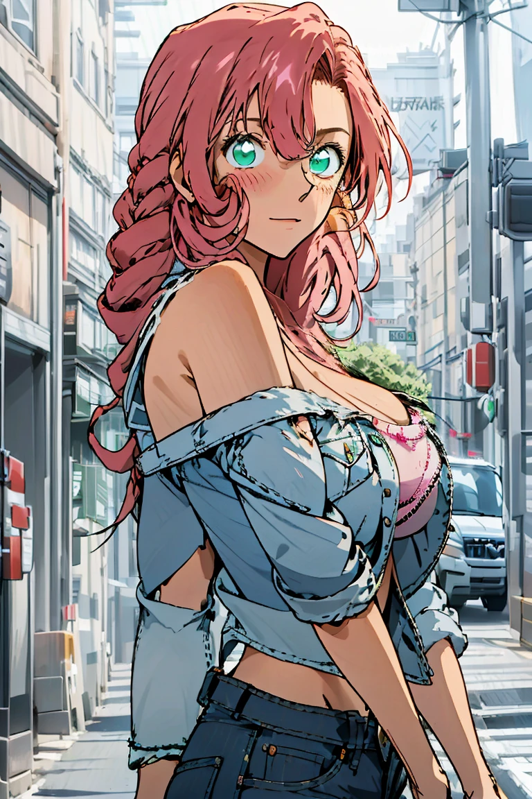 （（best quality，8K，masterpiece：1.4））， Pink Hair，Long braid on one side， External，（ Bare lower breasts，Plain white off-the-shoulder extra-short top），Huge breasts，tight ripped denim shorts， Green Eyes